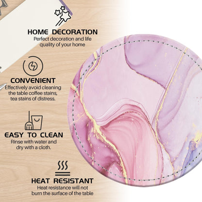 Coasters for Drinks PU Leather,Set of 6 with Holder,Round Housewarming Gift Home Decor,Pink and Golden Marble