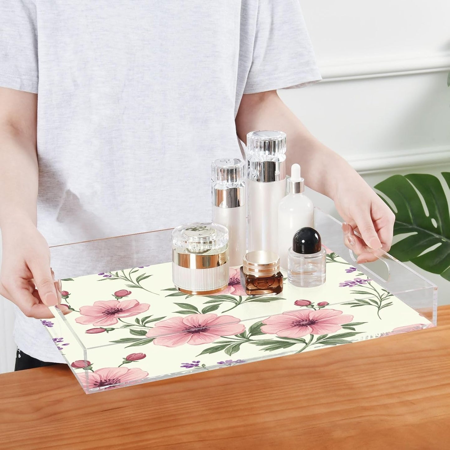 Pink Flowers Acrylic Serving Tray with Handles,Clear Serving Tray Decorative Organiser for Ottoman, Kitchen, Bedroom Decorative 12x16 Inches