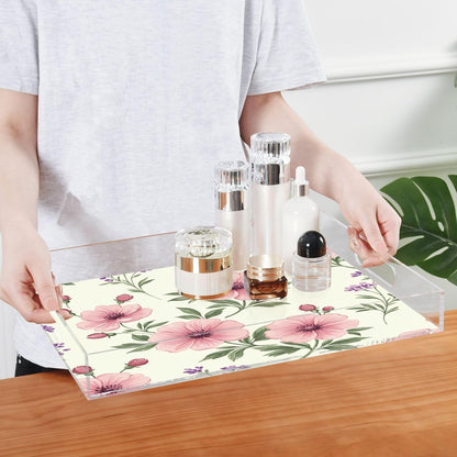 Pink Flowers Acrylic Serving Tray with Handles,Clear Serving Tray Decorative Organiser for Ottoman, Kitchen, Bedroom Decorative 12x16 Inches