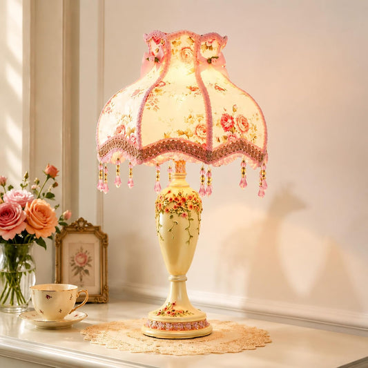 Retisee Victorian Flower Table Lamp Floral Coquette Lamp with Vintage Lace Placemat Fabric Lampshade Beaded Fringe Antique Lovely Decorative Bedside Night Light for Bedroom Nightstand(Pink Victorian)