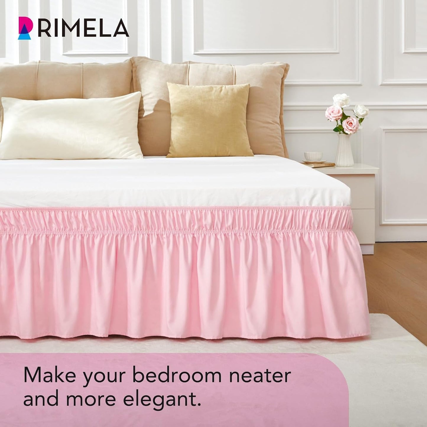 RIMELA Pink Bed Skirt Queen Size 15 Inch Drop, Wrap Around Elastic Bedskirt, Dust Ruffle for Adjustable Bed Base Machine Washable Easy to Install Bed Skirts