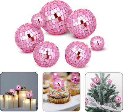 Abeillo 7PCS Disco Ball Cake Topper, Pink Disco Ball Cake Decorations, 4 Sizes Disco Ball Decor, 70s Disco Theme Party Supplies, Disco Balls Cupcake Topper for Disco Music Dance Decoration