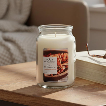 Rich London Peach Sandalwood Jar Candle – Highly Scented Soy Wax Candle with Cotton Wick & Essential Fragrance Oils for Relaxing Aromatherapy, Home Décor & Gifting