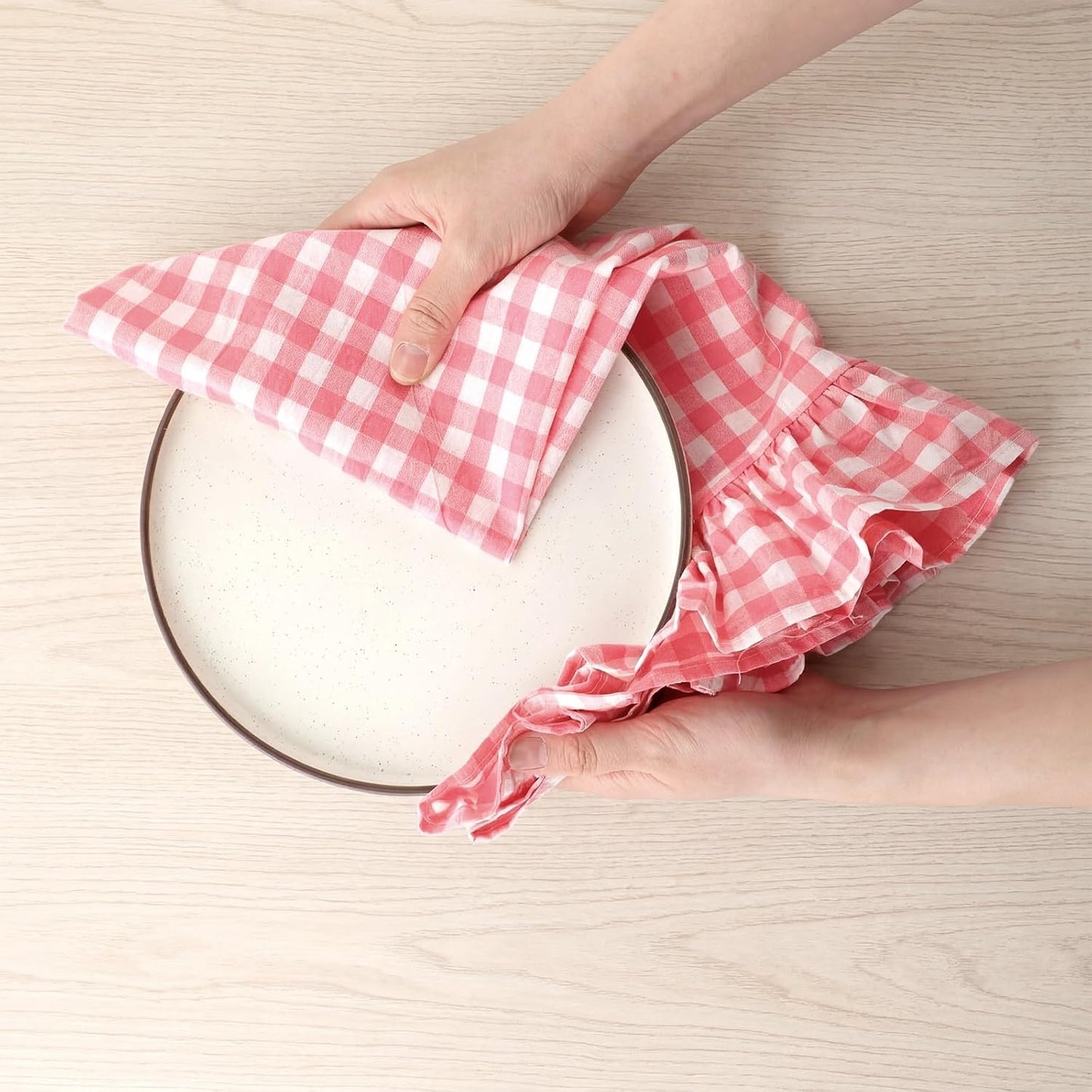 HunnmingRe Watermelon Pink Kitchen Towels Set of 2, 100% Cotton Ruffled Gingham Dish Towels 18"x28" Tea Cloths Classic Plaid Pattern for Farmhouse Charm, Drying Dishes, Entertaining Guests