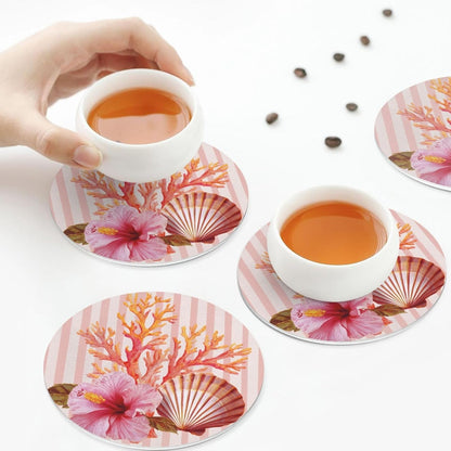 Light Pink Scallop Shell Hibiscus Flower Drinks Coasters Set of 4 Leather Drink Coasters for Tabletop Protection Heat Resistant Bar Cup Mat Pad