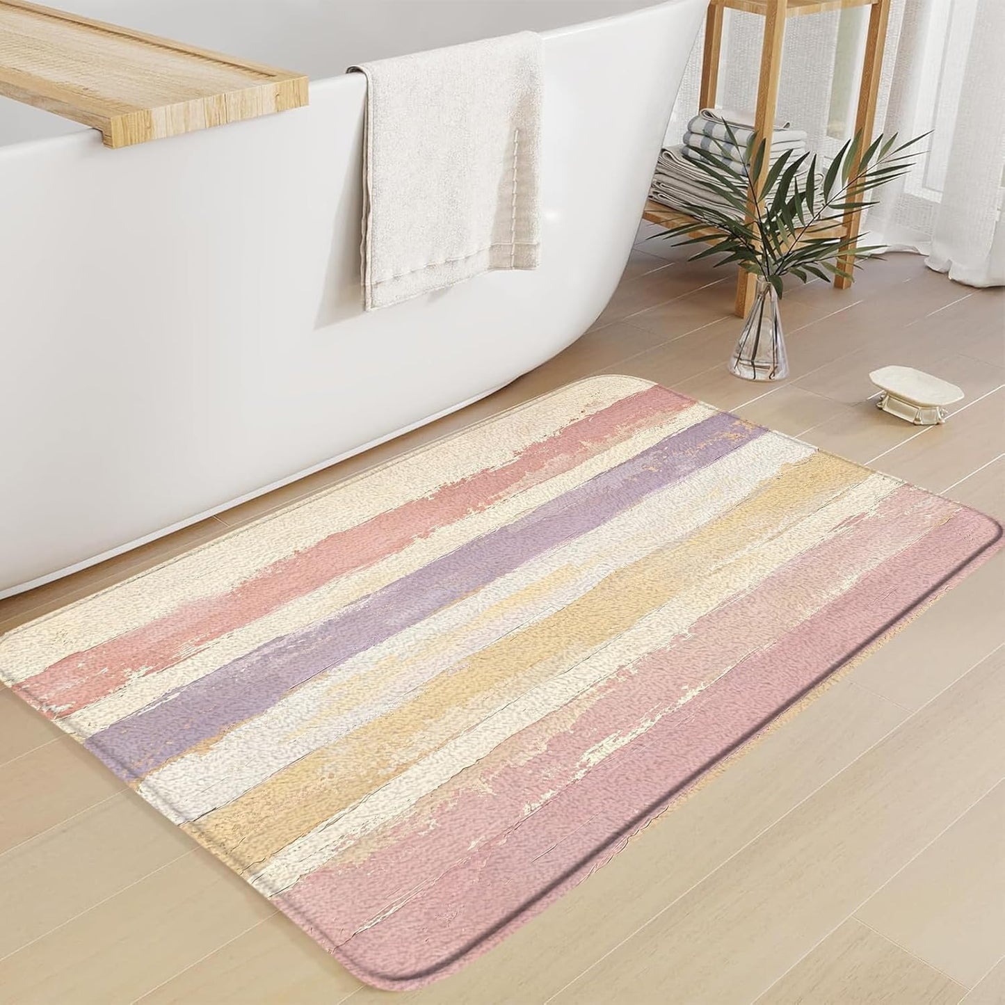 Abstract Pink Bath Mat Rug Beige Modern Oil Painting Stripe Aesthetic Minimalist Geometric 17.8" x 29.5" Microfiber Memory Foam Bathroom Kitchen Toilet Floor Mat