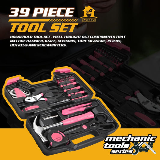 Magshion 39-Piece Household Tool Set, Small Hand Tool Kit for Home, Garage, Office, and Dorm Repairs, Includes Hammer, Pliers, Screwdrivers, Hex Keys & Storage Case (Pink)