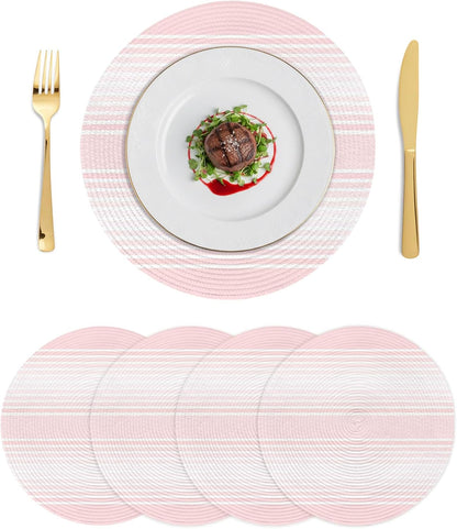 Pink Striped Round Placemats Set of 4 Pink Ombre Farmhouse Stripes Place Mats Indoor Woven Table Mats Washable Heat-Resistance Braided Dining Table Placemats for Kitchen Holiday Party Decor 15 Inch