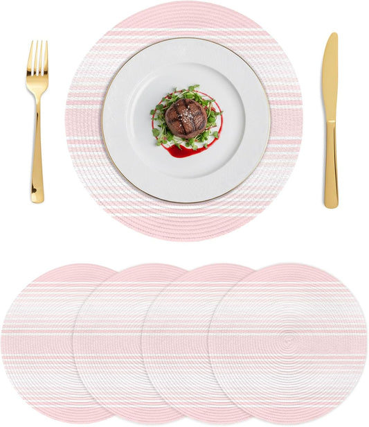 Pink Striped Round Placemats Set of 4 for Dinning Tables,Heat-proof Braided Table Mats 15 Inch,Pink Ombre Farmhouse Stripes Washable Place Mat for Kitchen Restaurant Party Decor Supplies Table Setting