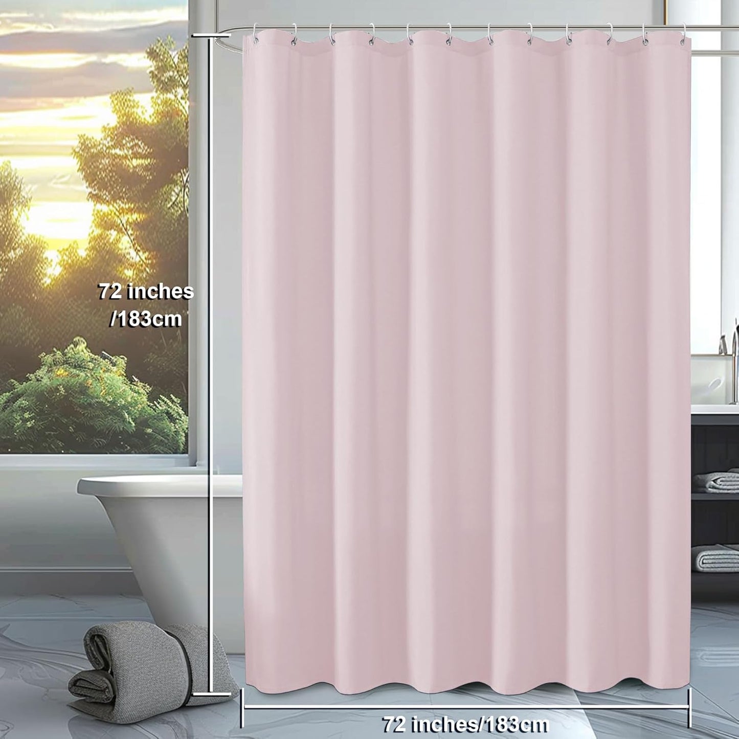 OVZME Zora Blush Pink Shower Curtain, Fabric Shower Curtain for Bathroom - Soft Cloth Hotel Spa Quality, Water Repellent Bath Curtain, Washable Shower Curtain Set with 12 Hooks, Grommets Top, 72Wx72L