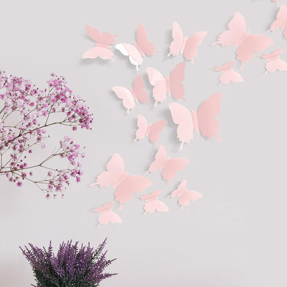 Cute Pink Butterfly Wall Decor 24 pcs, Girls Room Wall Decals, Danish Pastel Aesthetic Butterflies Stickers for Nursery Decorations, Baby Toddler Room Decor for Girls
