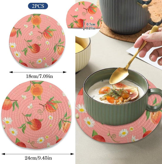 2 Pcs Peach Pattern with Daisy Round Cotton Trivets Pot Holders, Hot Pads Pure Cotton Stylish Coasters for Boho, Farmhouse, Kitchen Decor