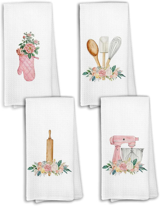 Vintage Pink Kitchen Towels Set of 4, Bakery Floral Girly Home Decor, Pink Vintage Bakery Flower Girly Hand Towel for Kitchen Home