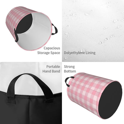Pink Checkered Large Laundry Basket,Collapsible Laundry Hamper With Handle Checkered Room Decor,Round Waterproof Dirty Clothes Hamper Toy Organizer Storage Basket Gift for Home Bedroom Bathroom Decor
