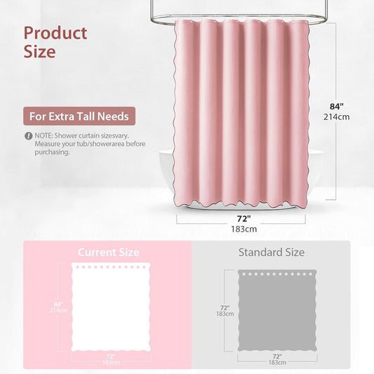 Dynamene Extra Long Scalloped Shower Curtain - 84 inch Cute Heavy Duty Waffle Fabric 256GSM, Modern Hotel Luxury Shower Curtains for Bathroom with Black Scalloped Edge, 12 Plastic Hooks, 72x84, Pink