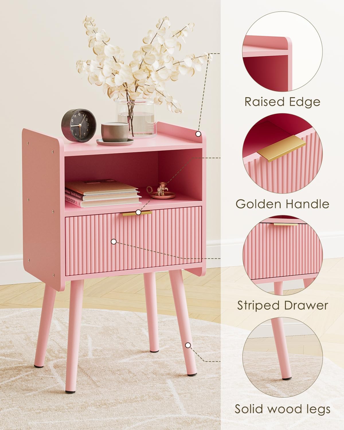Night Stand, Modern Side Table, Small Nightstand, Wood Bedside Table with Storage Drawer End Table for Bedroom,Living Room,Office, Pink