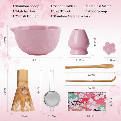 8-Piece Matcha Whisk Set with Ceramic Bowl – Complete Matcha Kit Pink | Includes ceramic bowl, bamboo whisk, scoop, holder, sifter & towel. Ideal for home tea ritual, beginners & matcha lovers.