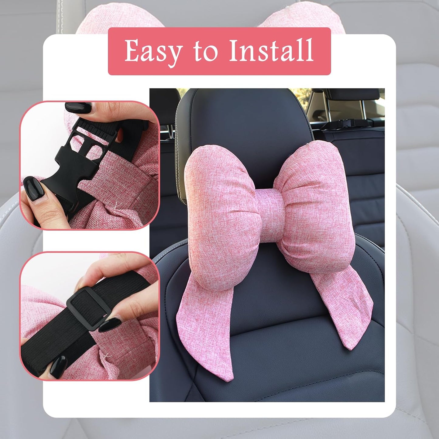 Cute Bow Car Headrest Pillow,Comfortable & Breathable Car Neck Pillows for Relief Neck Fatigue,Universal Head Rest Pillow for Cars Decoration as Birthday Gifts for Women,Girl (Pink)