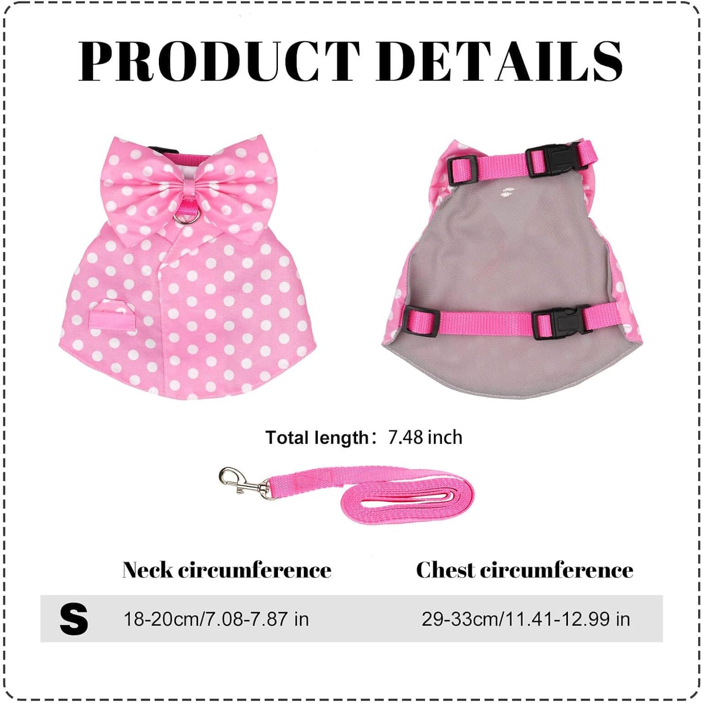 Bunny Harness and Leash Set, Soft Mesh Rabbit Harness with Bow, Adjustable Escape Proof Vest for Small Pets Rabbits Kittens Guinea Pigs (Pink Polka Dots, S)