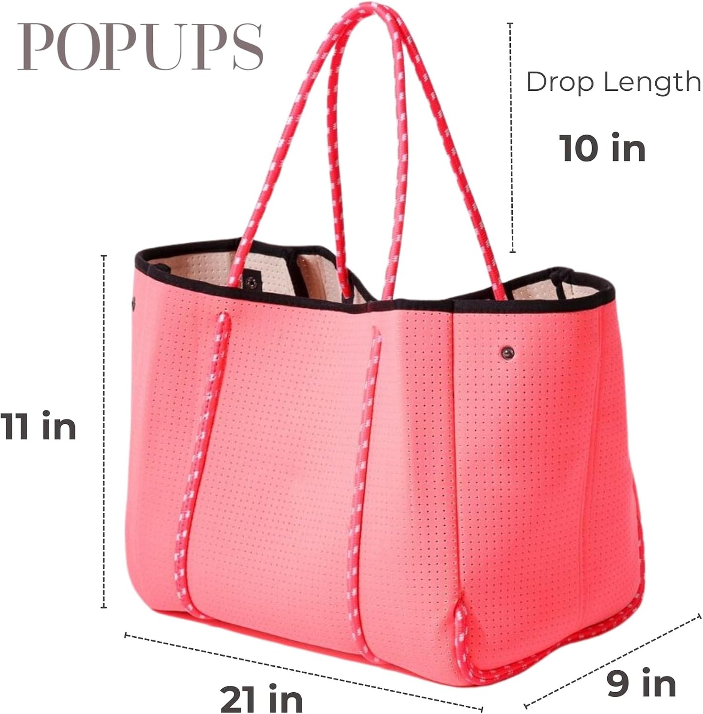 POPUPS Large Neoprene Tote Bag for Women - Everyday Designer Handbag for Travel Work and Beach with Pockets and Zipper Pouch
