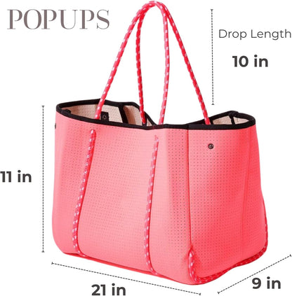 POPUPS Large Neoprene Tote Bag for Women - Everyday Designer Handbag for Travel Work and Beach with Pockets and Zipper Pouch