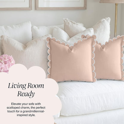 BEBE BASK Scalloped Pillow Cover - Set of 2-18 x 18 Inch - Scallop Pillow Covers – Peach Pink Scalloped Pillows - Scallop Pillows - 100% Cotton - Grandmillennial Style (Peach Pink/White)