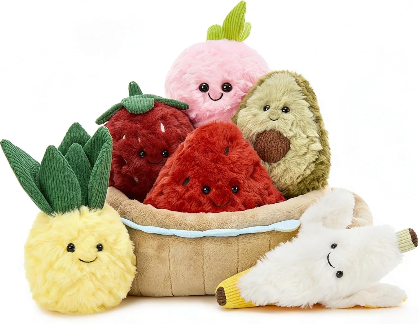 MorisMos 7Pcs Fruit Plush Toys Set, 6 Soft Stuffed Fruit Toys with Basket, Cute Pineapple Banana Strawberry Peach Watermelon Avocado Plushies for Pretend Play, Birthday for Girls Boys