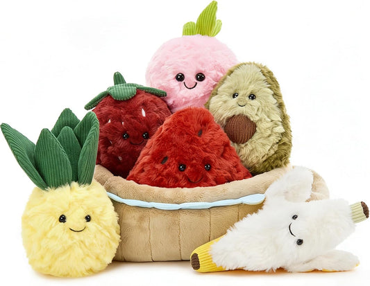 MorisMos 7Pcs Fruit Plush Toys Set, 6 Soft Stuffed Fruit Toys with Basket, Cute Pineapple Banana Strawberry Peach Watermelon Avocado Plushies for Pretend Play, Birthday for Girls Boys