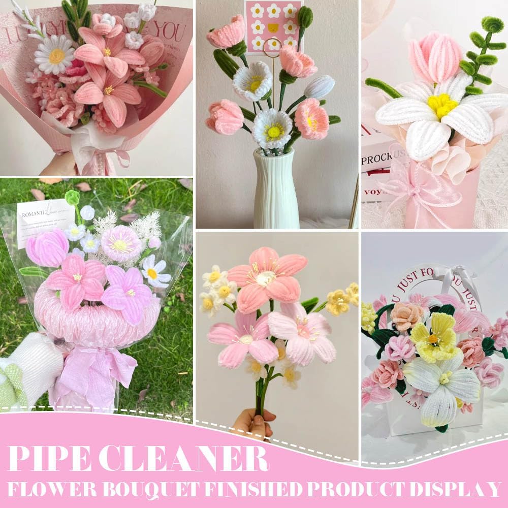 AHAMETON 620Pcs Pink Yellow Pipe Cleaners Complete Craft Kit with Wires, Pom Poms, Stamens and Card, All-in-One DIY Flower Craft Supplies for Creative Wedding Gifts Home Decor, Party & School Crafts
