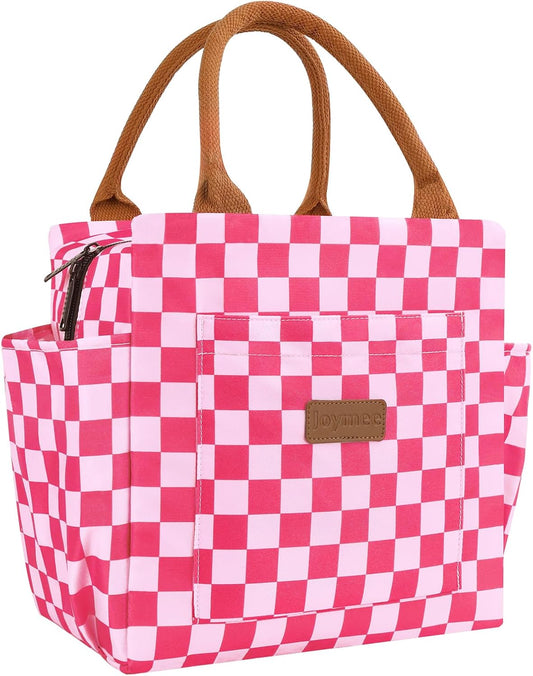 Joymee Lunch Bag Women, Reusable Leakproof Cooler Tote - Checker Pink | Spacious Storage, Bottle Holder & Pockets, Leakproof Insulated, for Work, Travel, Picnic, Daily Use, for Adult