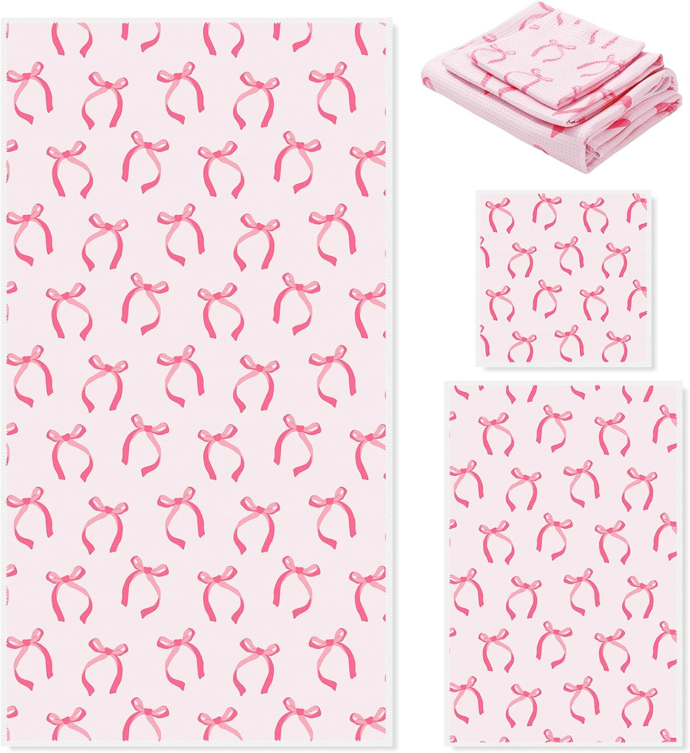 JarThenaAMCS Pink Bow Bathroom Towels Set of 3 Watercolor Bowknot Coquette Absorbent Towels Bath Hand Towel Wash Cloth for Beach Swim Shower Drying