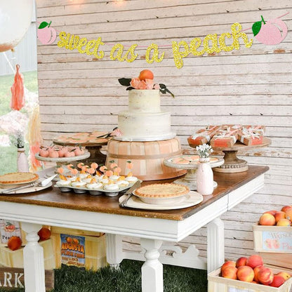 Sweet As a Peach Banner, Glitter Pink Fresh Fruit Theme Banner for Girl Peach Birthday Party Decorations Baby Shower