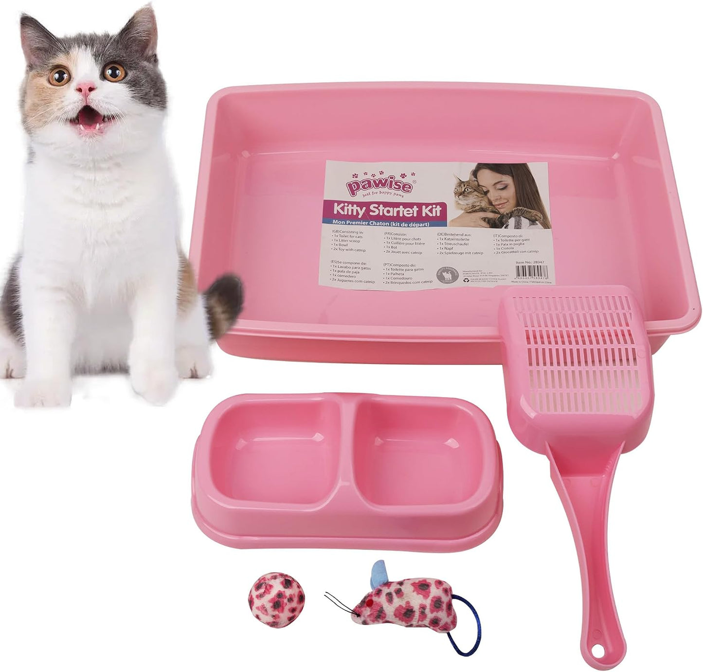 PAWISE Small Cat Litter Box,14.3 x 10.6 x 2.5 Kitten Litter Box Starter Kit,Low Entry Baby Kitten Training Litter Box with Scoop, Bowls,Cat Mouse Toy and Ball Toy,First Catty Owner Essentials(Pink)