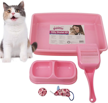 PAWISE Small Cat Litter Box,14.3 x 10.6 x 2.5 Kitten Litter Box Starter Kit,Low Entry Baby Kitten Training Litter Box with Scoop, Bowls,Cat Mouse Toy and Ball Toy,First Catty Owner Essentials(Pink)