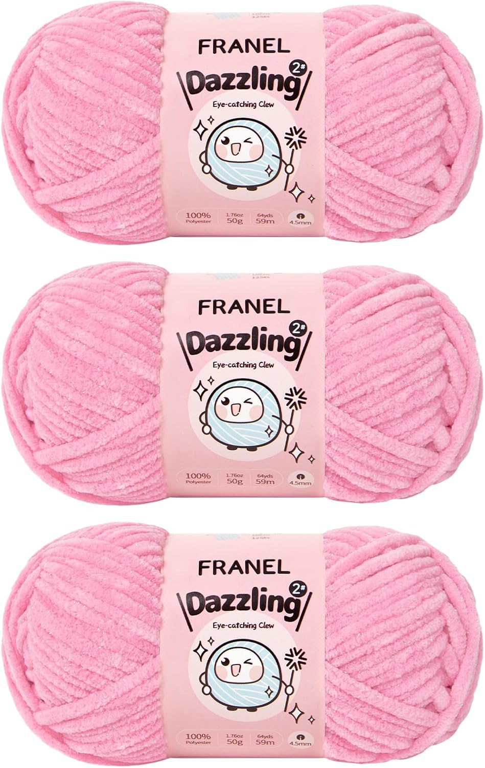 Chenille Yarn, 3 Pack Franel Dazzling Peach Red Sparkle Yarn 4.5mm Thickness, 100% Polyester, Soft, Fluffy, Perfect for Crocheting and Knitting. Great for Plush Dolls, Bags, and Throw Pillows