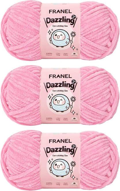 Chenille Yarn, 3 Pack Franel Dazzling Peach Red Sparkle Yarn 4.5mm Thickness, 100% Polyester, Soft, Fluffy, Perfect for Crocheting and Knitting. Great for Plush Dolls, Bags, and Throw Pillows