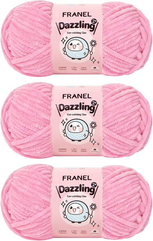 Chenille Yarn, 3 Pack Franel Dazzling Peach Red Sparkle Yarn 4.5mm Thickness, 100% Polyester, Soft, Fluffy, Perfect for Crocheting and Knitting. Great for Plush Dolls, Bags, and Throw Pillows
