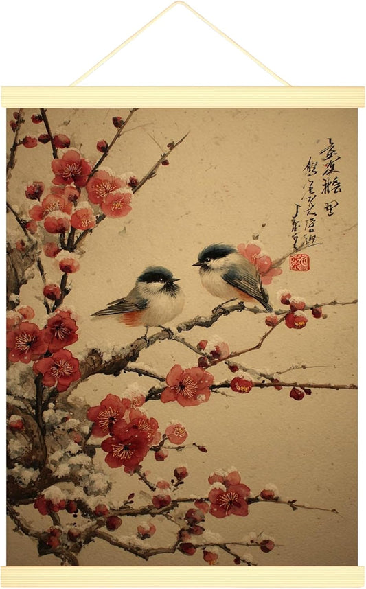 Birds Canvas Hanging Poster Wall Art, Traditional Japanese Cherries Blossoms Branches Spring Peach Wall Poster Hanging with Frame Home Classroom Office Cubicle Decor 12x16 Inches