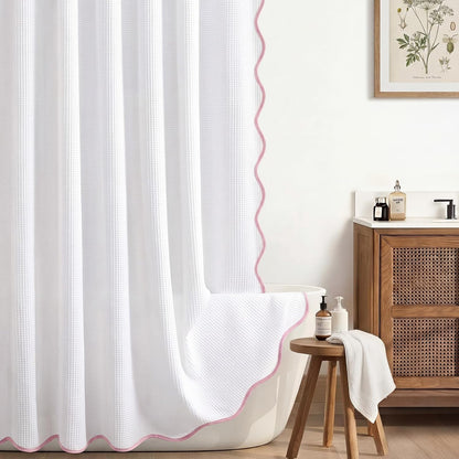 Scalloped Waffle Shower Curtain with 12 Metal Hooks Thick Weighted Fabric Wrinkle and Rust Resistant Heavy Duty Long Curtains for Bathroom Showers Bath Tubs Machine Wash, 72x72 in (Pink)