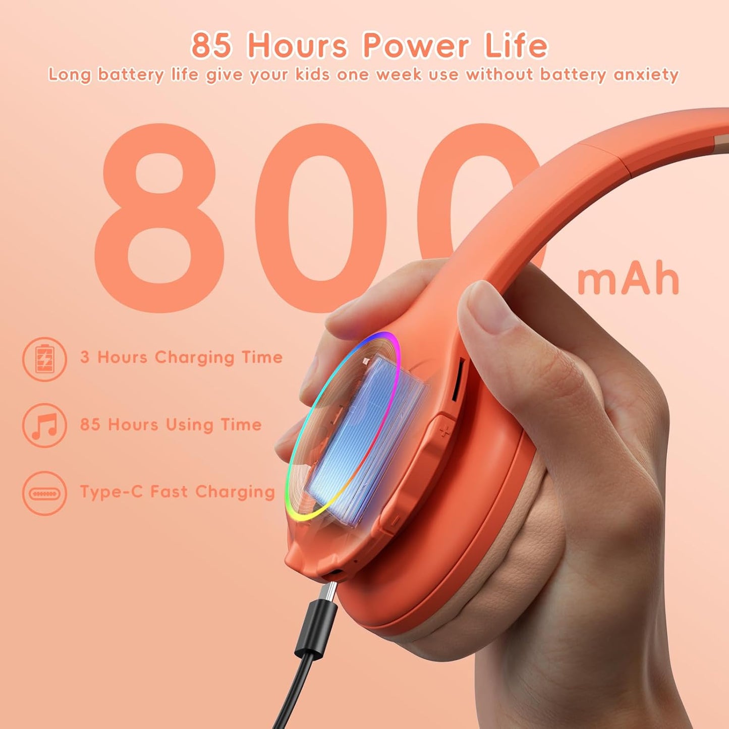 Candy Bila Kids Bluetooth 6.0 Headphones with LED Light, 85Hours Playtimes, Type-C Fast Charging, 85/94dB Volume Limited, Wireless Headphones with Built-in Mic, Wired & TF Card Mode, Pink and Orange