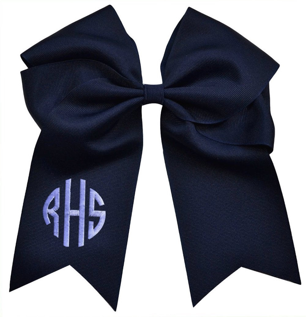 Custom CIRCLE MONOGRAM Embroidered Elastic Ponytail CHEER BOW By Funny Girl Designs - 7.5 Inches Long (LIGHT PINK)