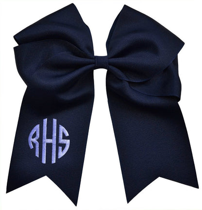 Custom CIRCLE MONOGRAM Embroidered Elastic Ponytail CHEER BOW By Funny Girl Designs - 7.5 Inches Long (LIGHT PINK)