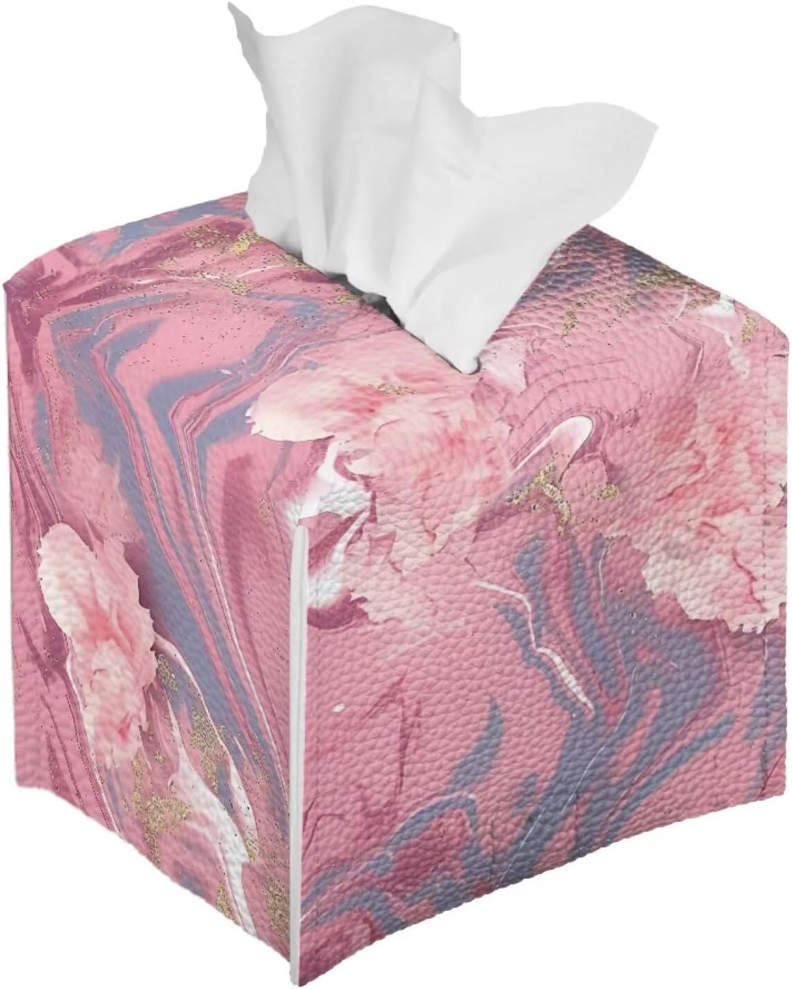 Marble Tissue Box Cover - Pink Faux Leather Tissue Holder - Decorative Cube Box