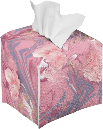 Marble Tissue Box Cover - Pink Faux Leather Tissue Holder - Decorative Cube Box