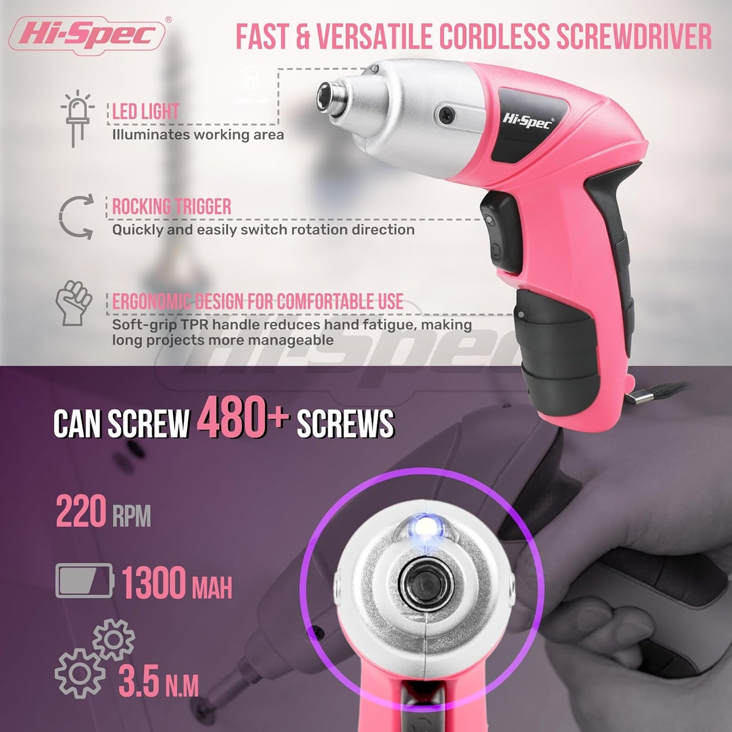 Hi-Spec Cordless Electric Screwdriver, Power Screw Driver Set with Pink Compact Tool Kit for Small Repair and Maintenance- Ideal Housewarming Gift,19 Piece