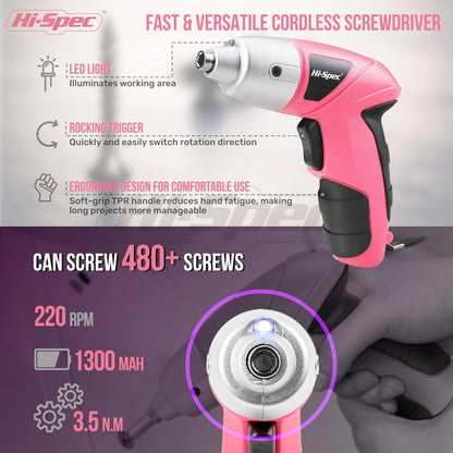 Hi-Spec Cordless Electric Screwdriver, Power Screw Driver Set with Pink Compact Tool Kit for Small Repair and Maintenance- Ideal Housewarming Gift,19 Piece
