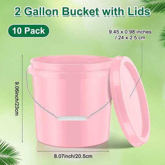 Tioncy 10 Pcs 2 Gallon Plastic Bucket with Lid Heavy Duty 2 Gallon Bucket Pail with Lid Handle for Storage Container Home Household Cleaning (Light Pink)