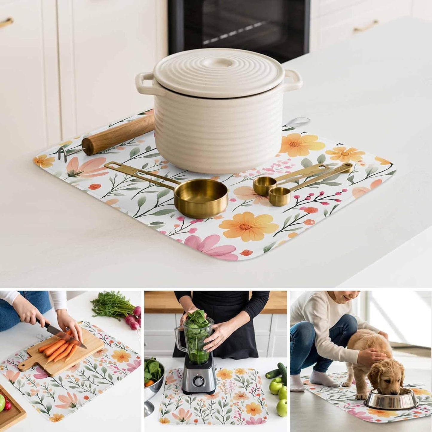 Watercolor Floral Dish Drying Mat 2 Pack, Light Pink Wildflowers Leaves Botanical Absorbent Heat Insulating Kitchen Drying Pad Drainer Mats for Sink Counter Dishes 16 X 18 Inch