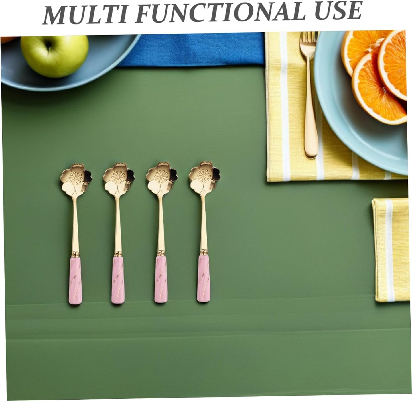 Ipetboom 4pcs Dessert Spoons with Ergonomic Ceramic Handles Multipurpose Flower Design Coffee and Cake Spoons for Household Kitchen Use Pink Gold Cherry Blossom