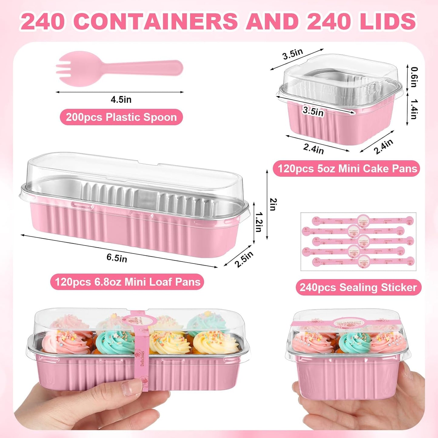 LemonRoad 240 Sets Mini Loaf Pan with Lids and Spoons 6.8oz Rectangular Aluminum Foil Bread Pan 5oz Square Cake Cup with Decal Disposable Baking Supply for Graduate Wedding Birthday (Pink)